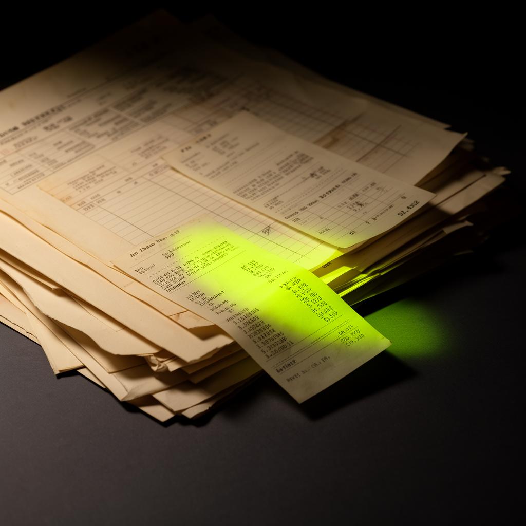 Stack of vintage receipts with one lit by a sharp green spotlight