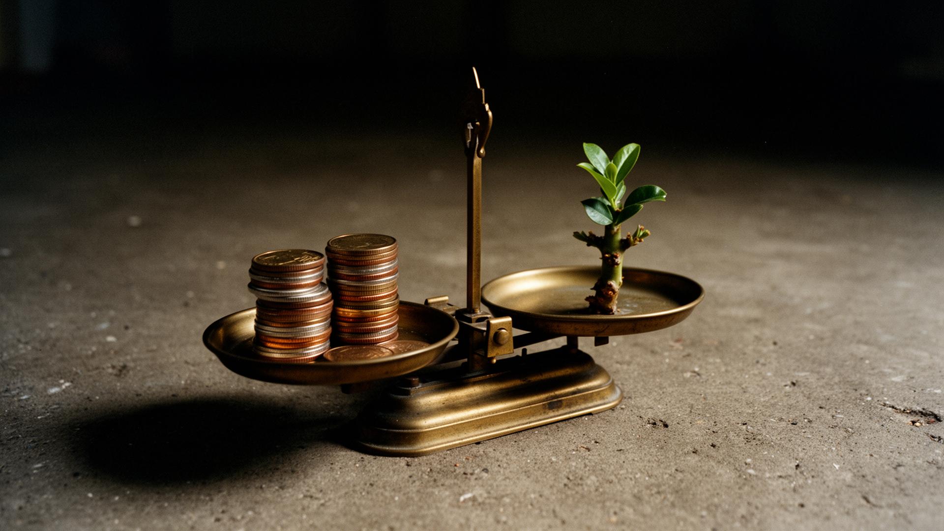 Vintage brass balance scale weighing coins against a small green plant cutting