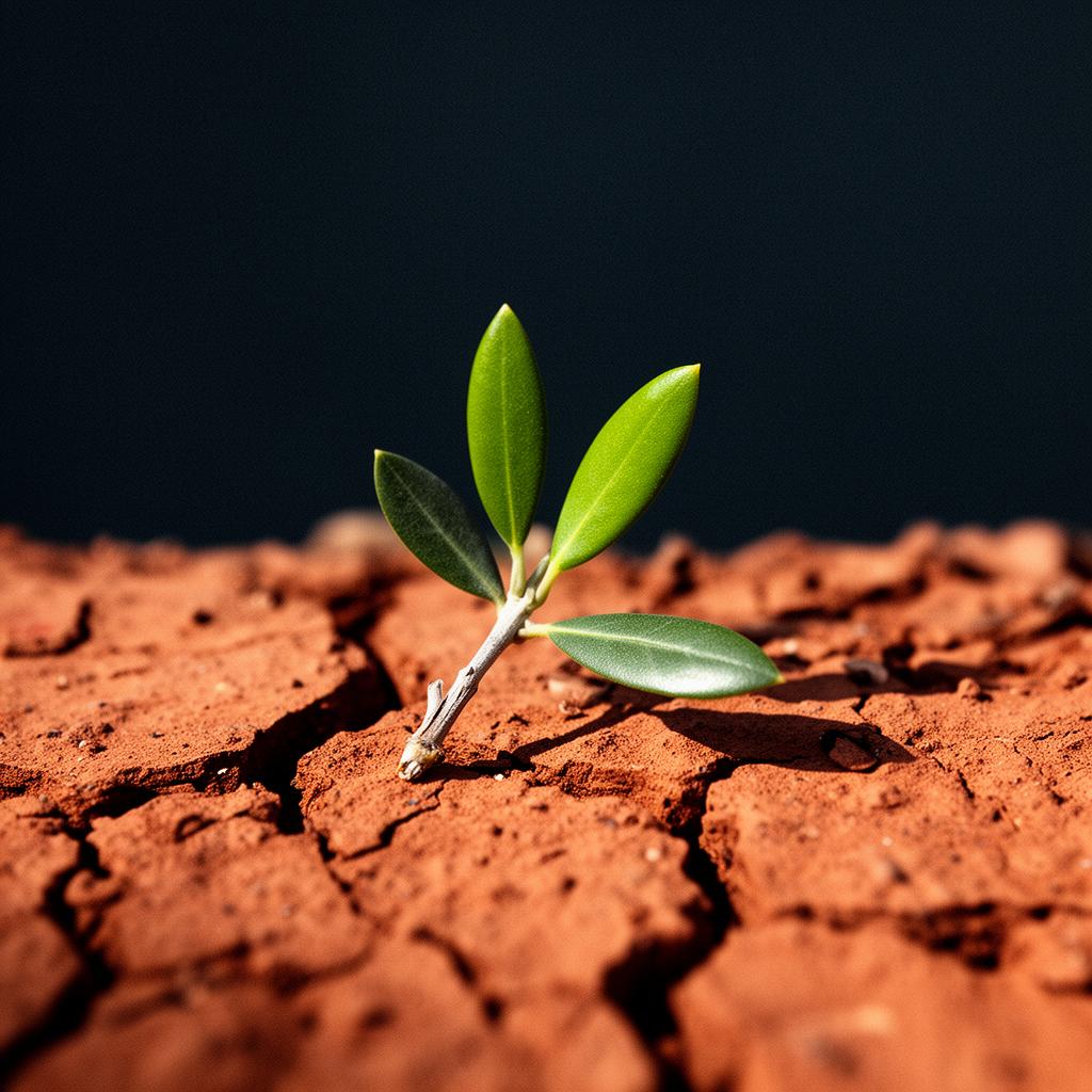A freshly clipped olive shoot with two green leaves resting on cracked terracotta earth